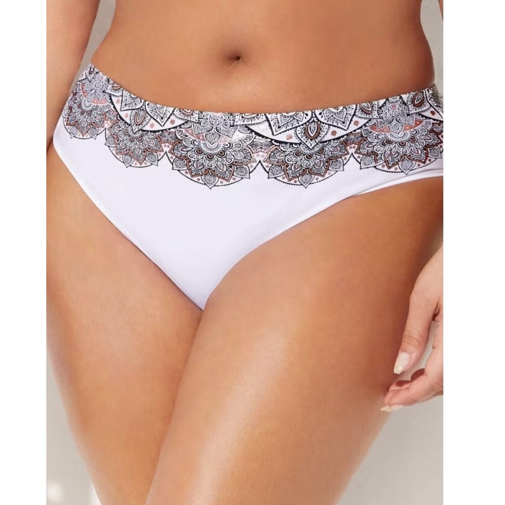 White Swim Bottom with a Black and Rose Gold Patterned Trim Design Size 6